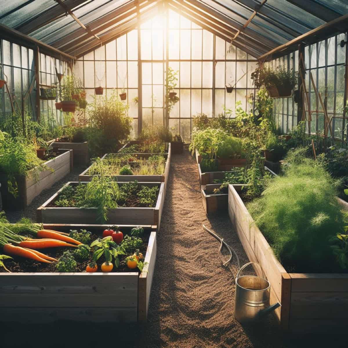 Harvesting Vegetables from Greenhouse in a Raised Bed