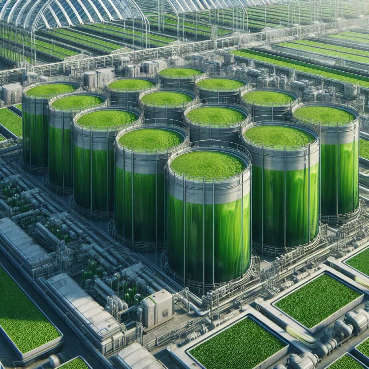 Large Scale Greenhouse Spirulina Farming Concept